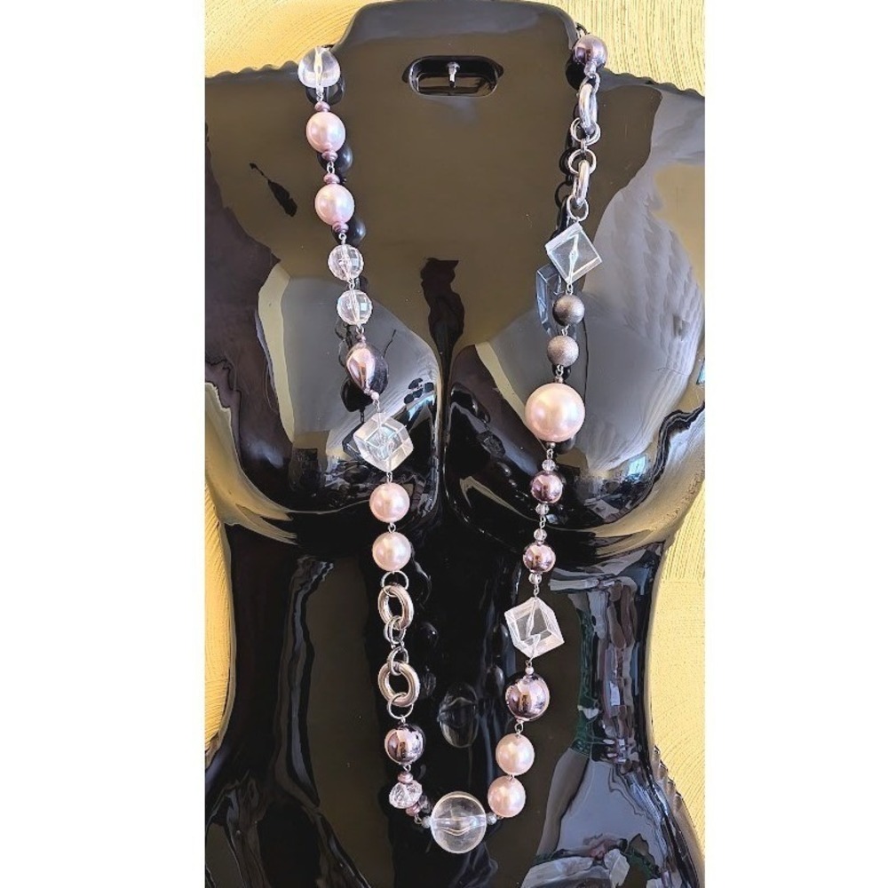Chunky Geometric Statement Necklace Lucite Baroque Pearl Long Chain Mixed Media